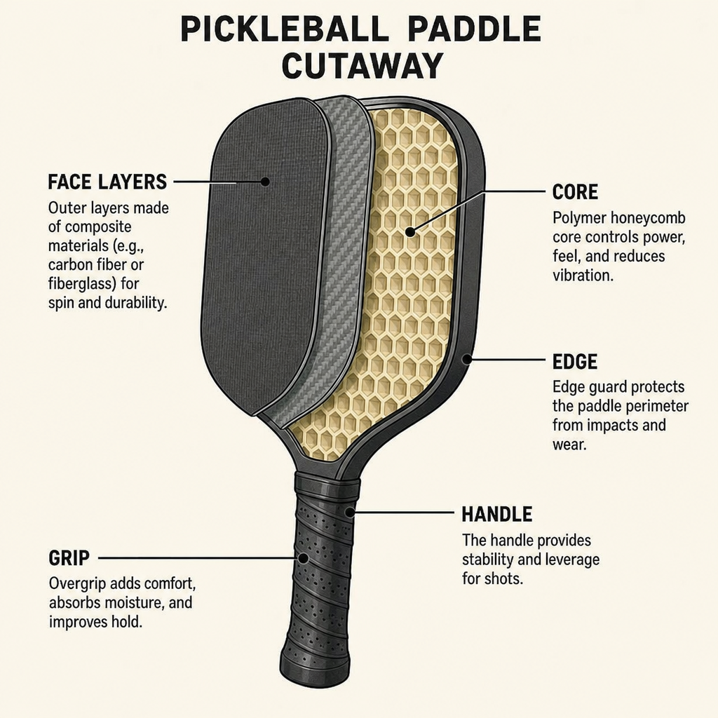 Pickleball paddle materials and construction showing carbon fiber face layers and a polymer honeycomb core