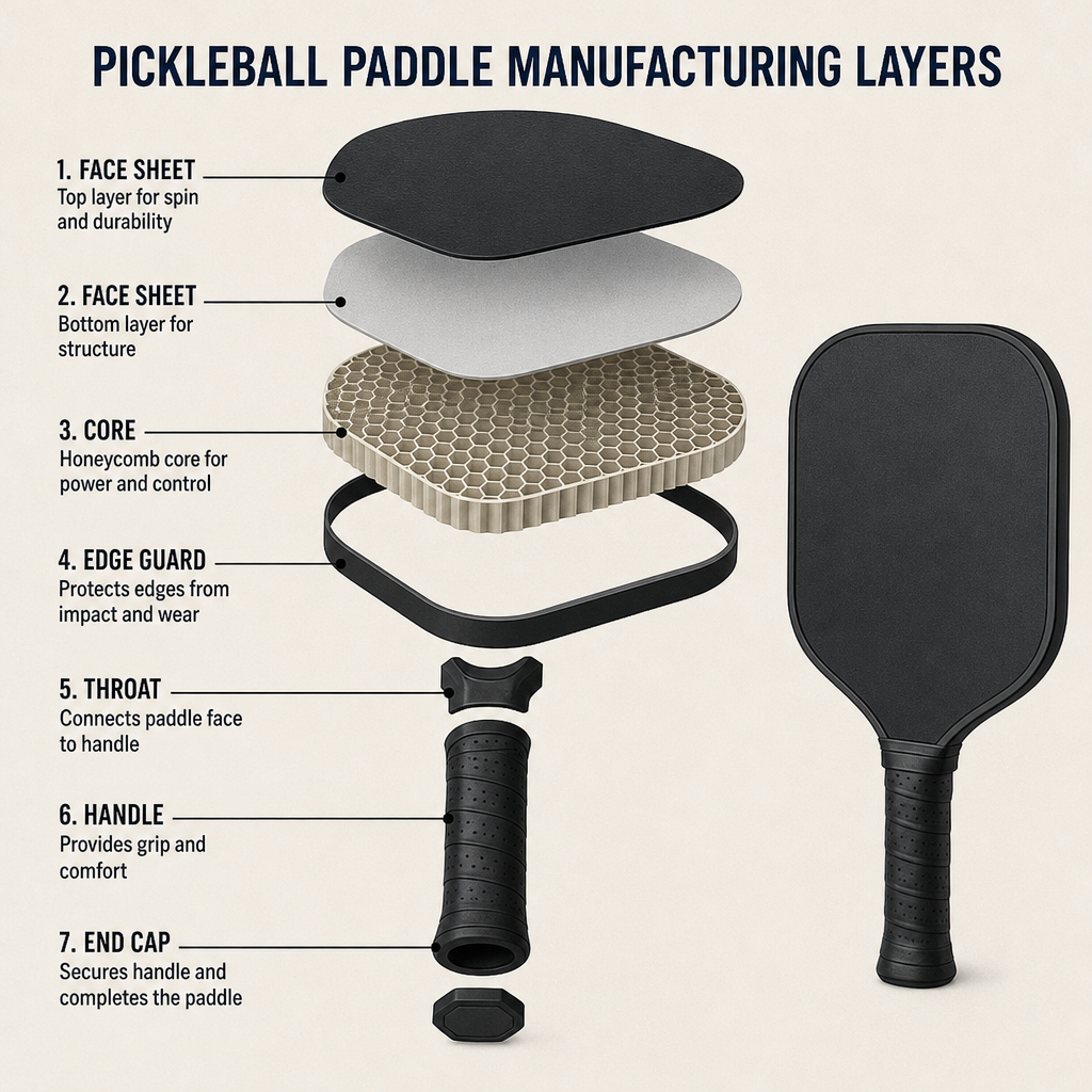 How are pickleball paddles made? Paddle face, core and handle construction layers